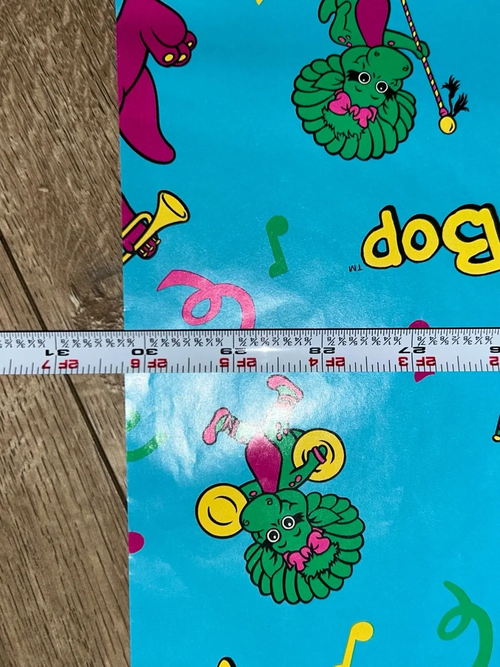 Barney & Baby Bop Birthday Wrapping Paper Sheet 30x30” Blue Character Print